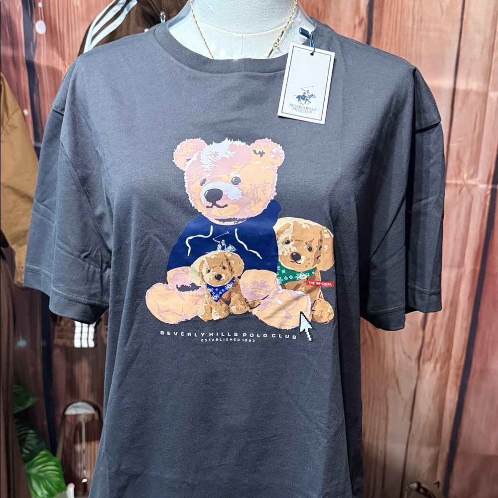 Beverly Hills Polo Club Charcoal Tee with Teddy Bear Graphic